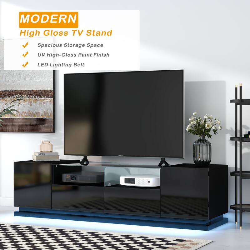 Black Modern TV Stand with Tempered Glass, LED Color Changing Lights